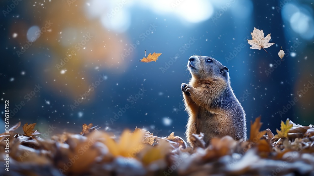 Obraz premium Groundhog day anticipation, groundhog standing on hind legs amidst autumn leaves with snowflakes, foreshadowing the arrival of spring