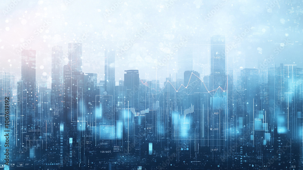 Illustration of digital city skyline with financial graph overlay. Illustration of digital city skyline with financial graph overlay.