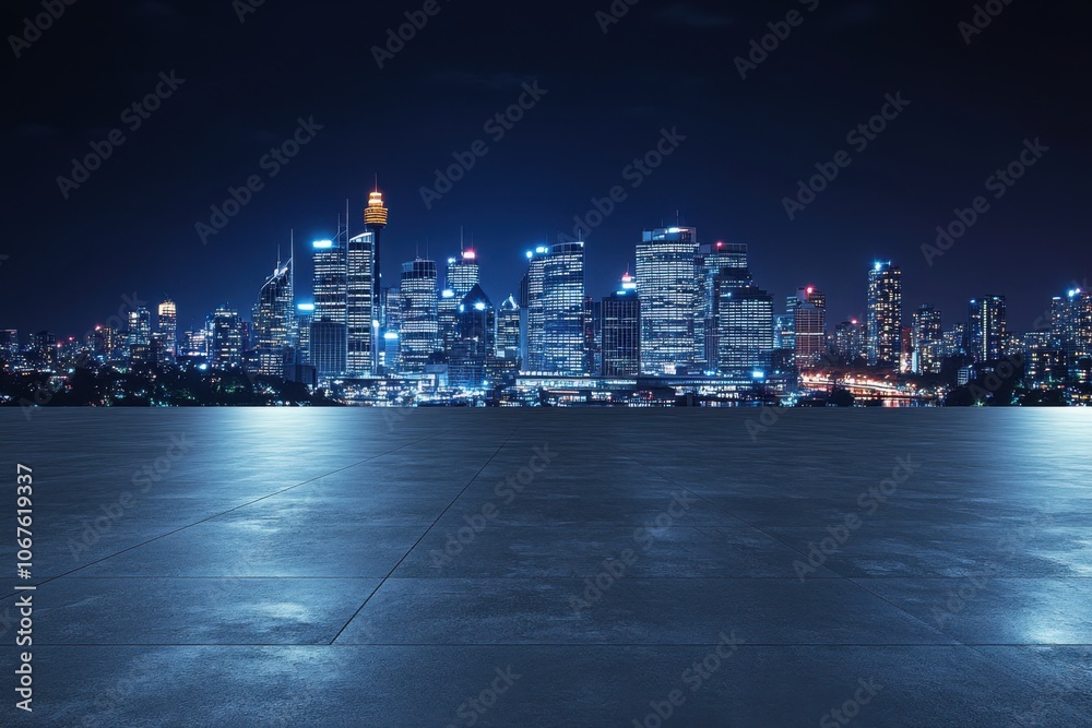 Fototapeta premium City skyline illuminates night sky with vibrant lights