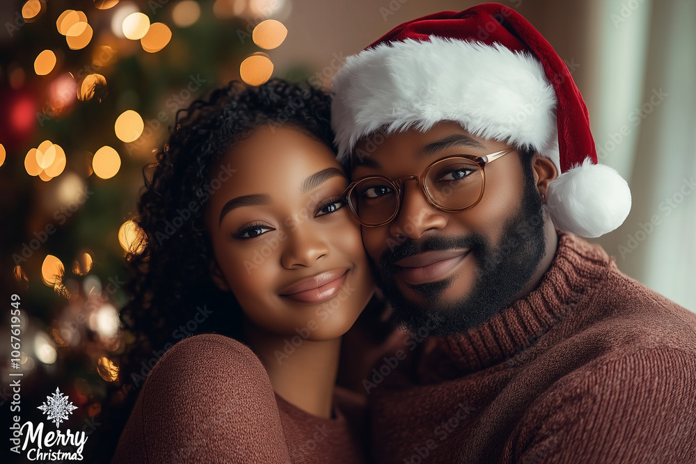 Couple hugging, both in Santa hats on a light pink background with 