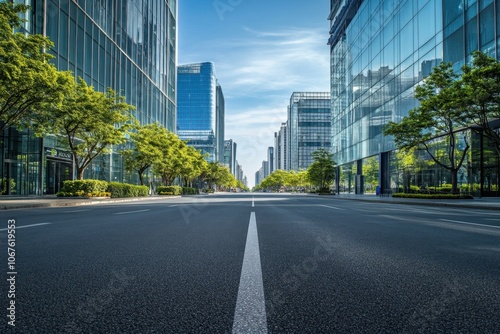 Explore the modern cityscape with tall buildings and lush greenery