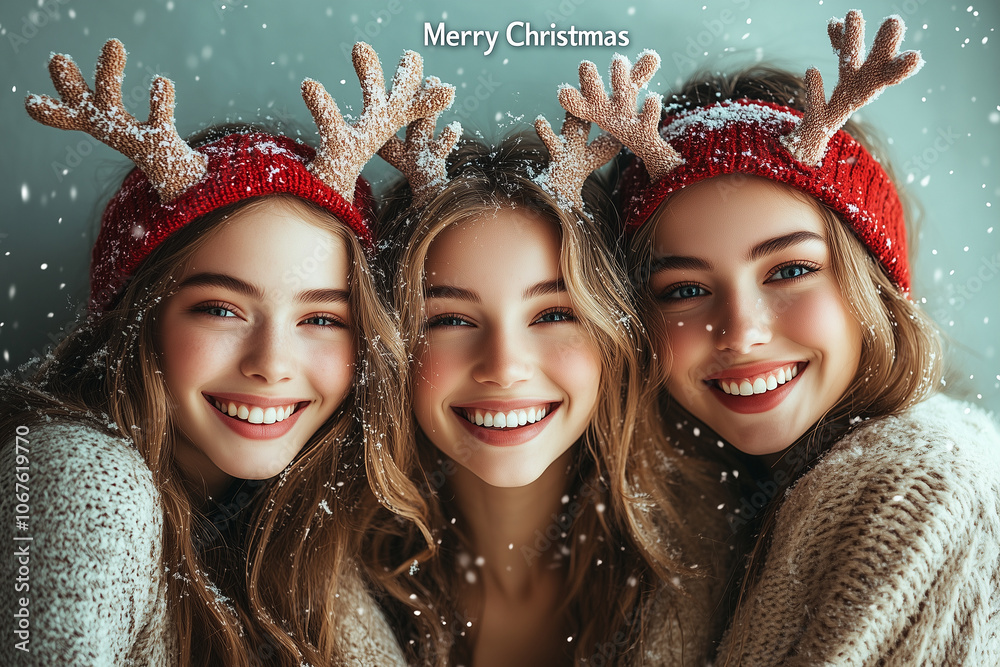 Three friends wearing antler headbands, laughing with Three friends wearing antler headbands, laughing with