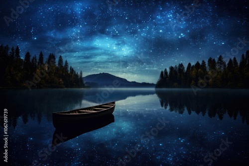 Fototapeta Naklejka Na Ścianę i Meble -  Night lake boat landscape.