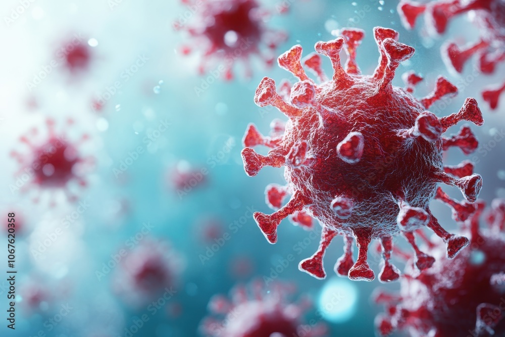 Close-up of coronavirus particles in a blue background showing viral structure and activity Close-up of coronavirus particles in a blue background showing viral structure and activity
