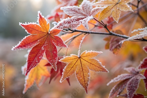 A close-up view of autumn leaves frozen in frost with a soft blurred background, capturing the beauty of winter's touch on nature