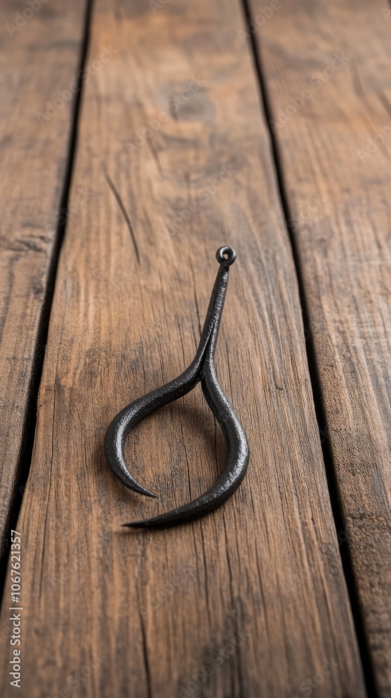 A close-up view of a steel fishing hook resting on a weathered wooden table, capturing the essence of a fisherman's craft A close-up view of a steel fishing hook resting on a weathered wooden table, capturing the essence of a fisherman's craft