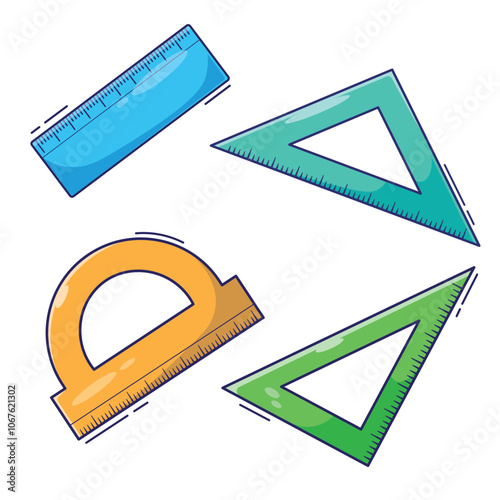 Set of ruler cartoon vector illustration with four shape and colors. Kid elementary school stationery