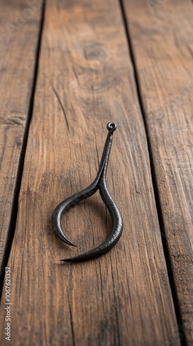 A close-up view of a steel fishing hook resting on a weathered wooden table, capturing the essence of a fisherman's craft