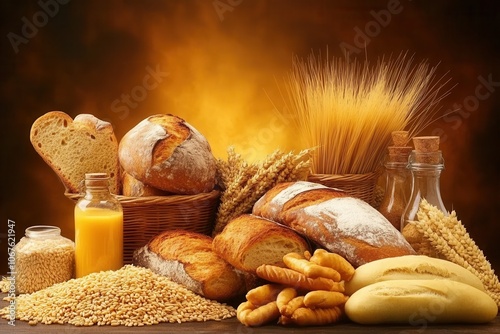 Rustic bread grains display with warm backdrop photo