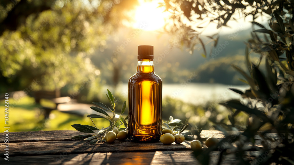 Glass bottle of olive oil on wooden table with green olives and leaves, sunlight in background. Concept of natural culinary. Glass bottle of olive oil on wooden table with green olives and leaves, sunlight in background. Concept of natural culinary.