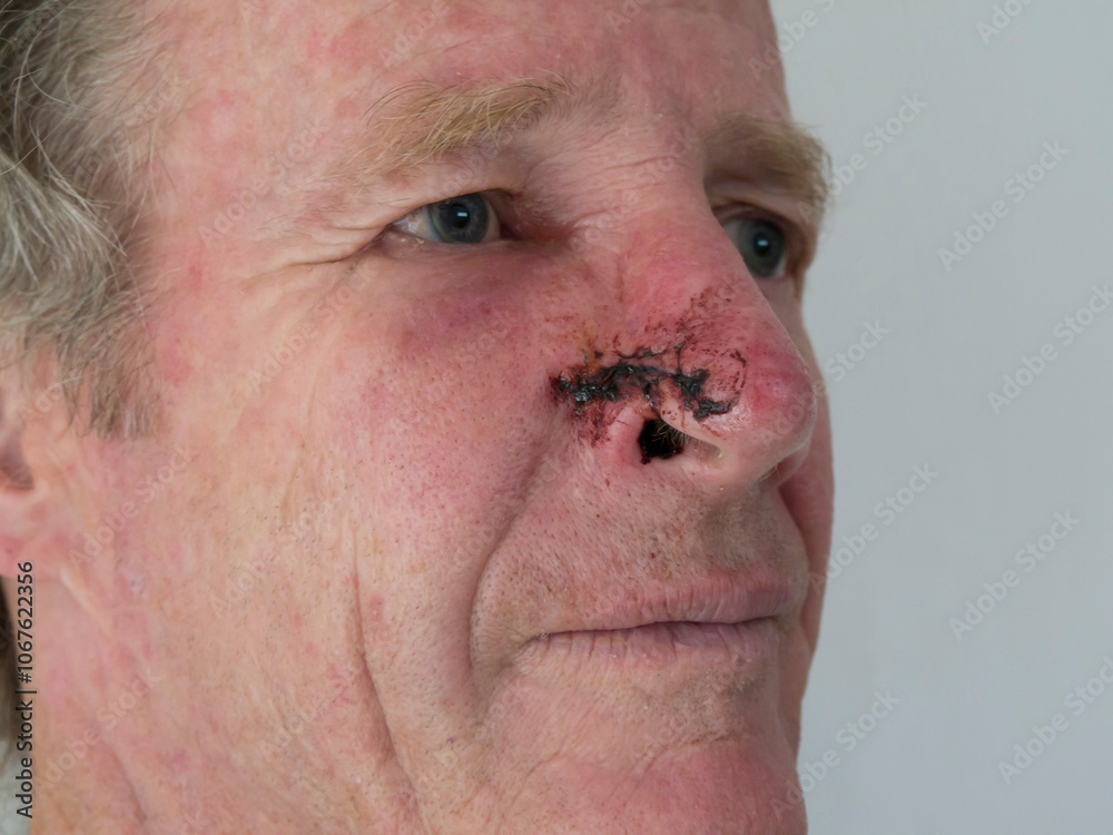 Mans nose with wound from plastic surgery BCC removal