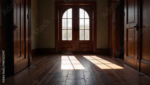 Bright hallway with wooden doors and sunlight casting shadows on the floor