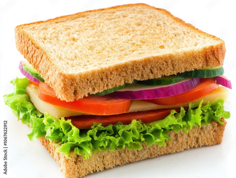 Fresh vegetable sandwich with whole grain bread on white background