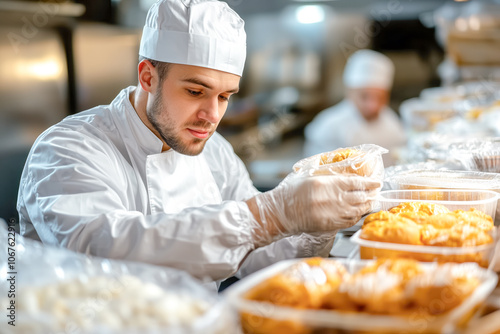 Caucasian male worker carefully packing takeaway order at bakery photo