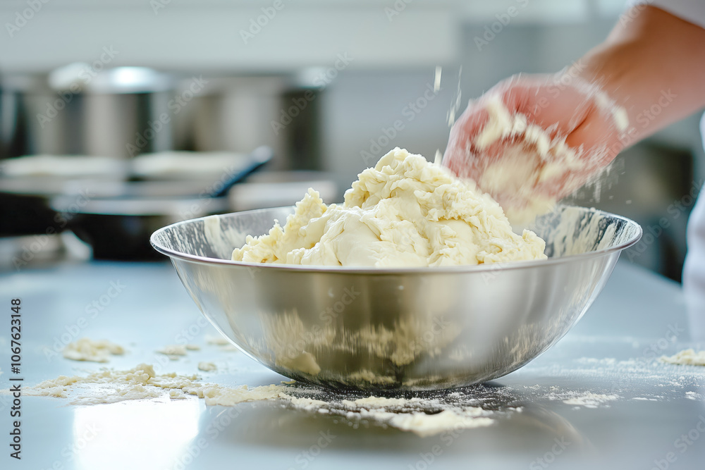 Chef kneading dough in bowl working in modern kitchen Chef kneading dough in bowl working in modern kitchen
