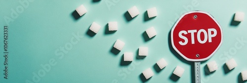 Conceptual image representing sugar reduction with a stop sign surrounded by sugar cubes promoting a sugar free or low sugar lifestyle and highlighting the danger of excessive sugar consumption photo