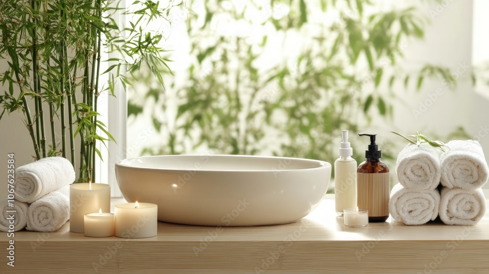 Serene Spa Retreat, a calming bathroom oasis featuring lush bamboo plants, soft candlelight, and soothing aromatherapy products for ultimate relaxation and rejuvenation. Serene Spa Retreat, a calming bathroom oasis featuring lush bamboo plants, soft candlelight, and soothing aromatherapy products for ultimate relaxation and rejuvenation.