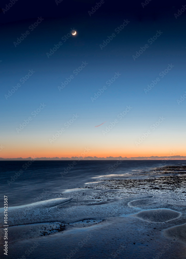 europe, UK, England, Sussex, Worthing moon sunset vertical