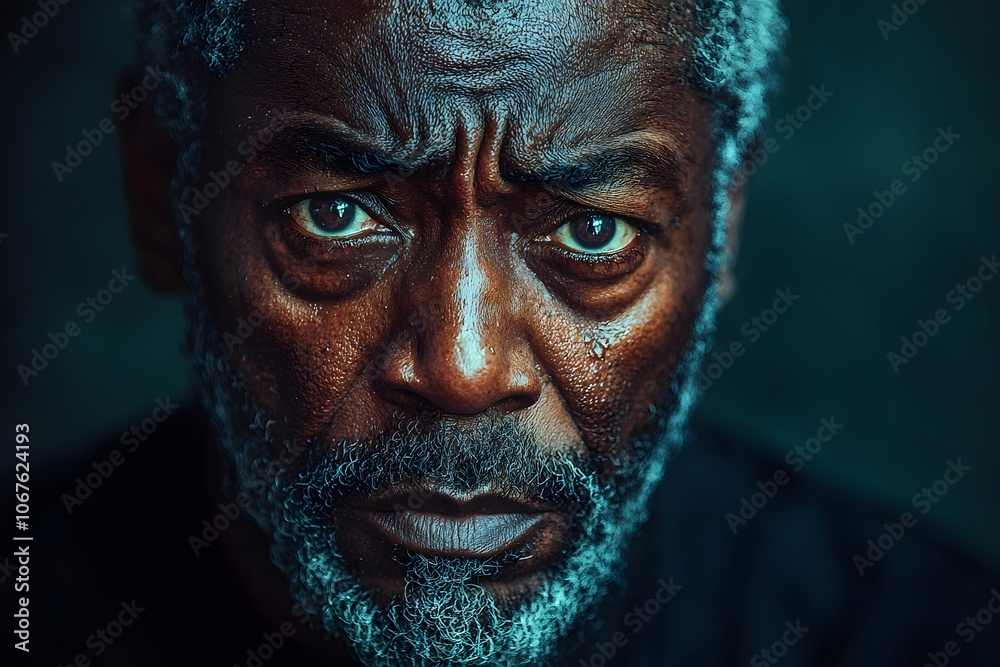 Intense expression of an elderly man with deep wrinkles and gray beard in dramatic lighting Intense expression of an elderly man with deep wrinkles and gray beard in dramatic lighting