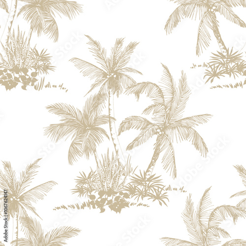 Seamless pattern with palm trees scenery. Toile de Jouy style. Hand drawn vector illustration.