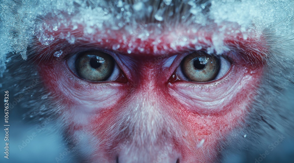 Close up of a Japanese macaque with a snow-covered face and red skin in winter environment. Close up of a Japanese macaque with a snow-covered face and red skin in winter environment.