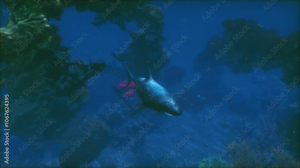 A great white shark glides effortlessly in a colorful kelp forest, showcasing its impressive size and agility underwater, surrounded by diverse marine life during daylight hours. A great white shark glides effortlessly in a colorful kelp forest, showcasing its impressive size and agility underwater, surrounded by diverse marine life during daylight hours.
