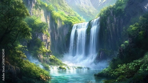 Waterfall in Lush Green Mountains