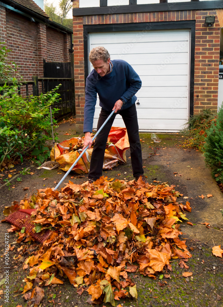 Man sweeping autumn leaves