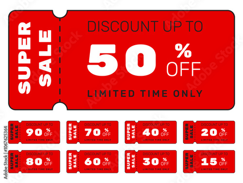 Set of sales, red coupons, super sale banner, special offer,  discount banner template, 50, 40, 60, 70 labels collection