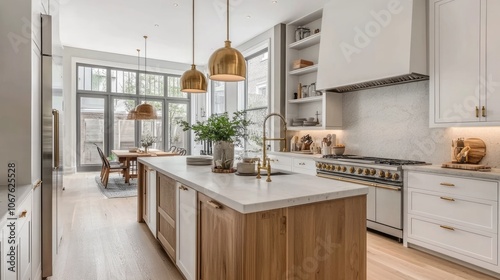 Modern Kitchen with Island, White Cabinets, and Gold Accents