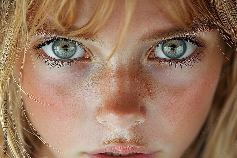 Close-up of intense blue eyes with freckled face and blonde hair Close-up of intense blue eyes with freckled face and blonde hair