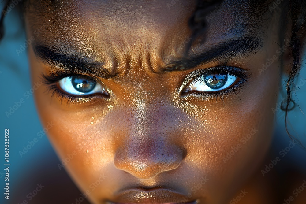 Intense close-up of a person with blue eyes and expressive gaze Intense close-up of a person with blue eyes and expressive gaze