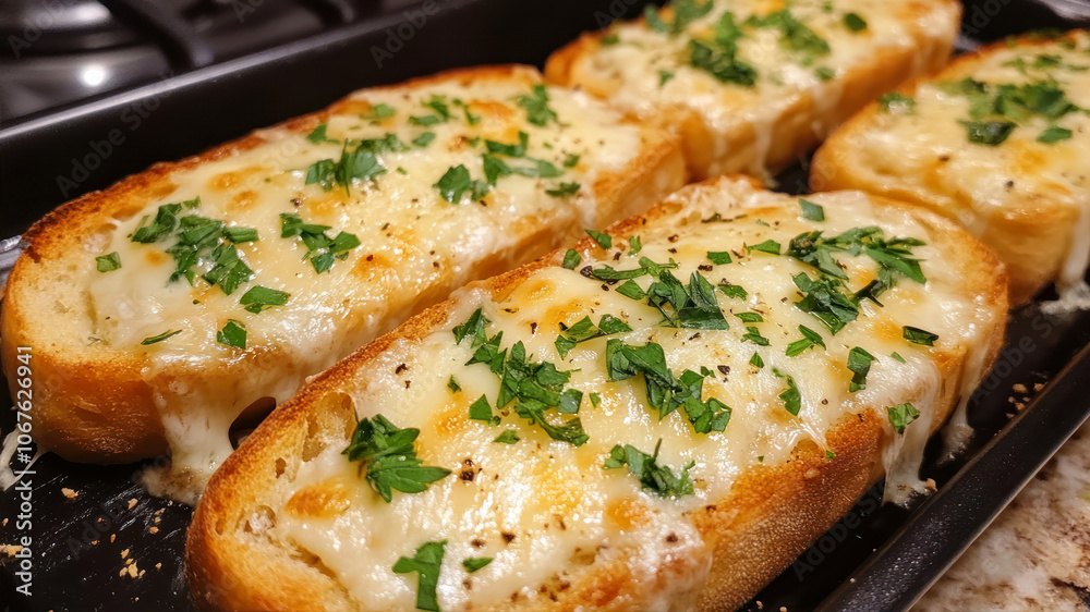 Delicious Garlic Bread Topped With Melted Cheese and Fresh Herbs on a Baking Tray