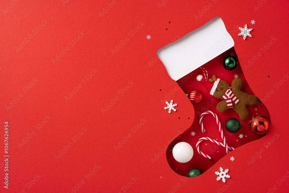 Fototapeta premium A creative Christmas stocking cutout filled with ornaments and candies on a bright red backdrop, embodying holiday spirit and festive cheer