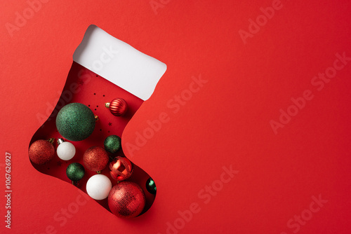 A creative top view arrangement of colorful Christmas balls inside a sock-shaped cutout on a vibrant red background, capturing the festive holiday spirit photo