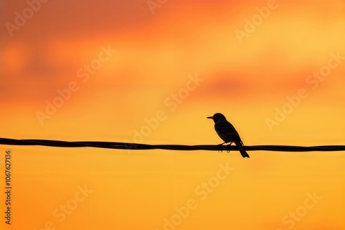 Bird on wire. Silhouette of a bird perched on a wire against a vibrant orange sunset sky. photo