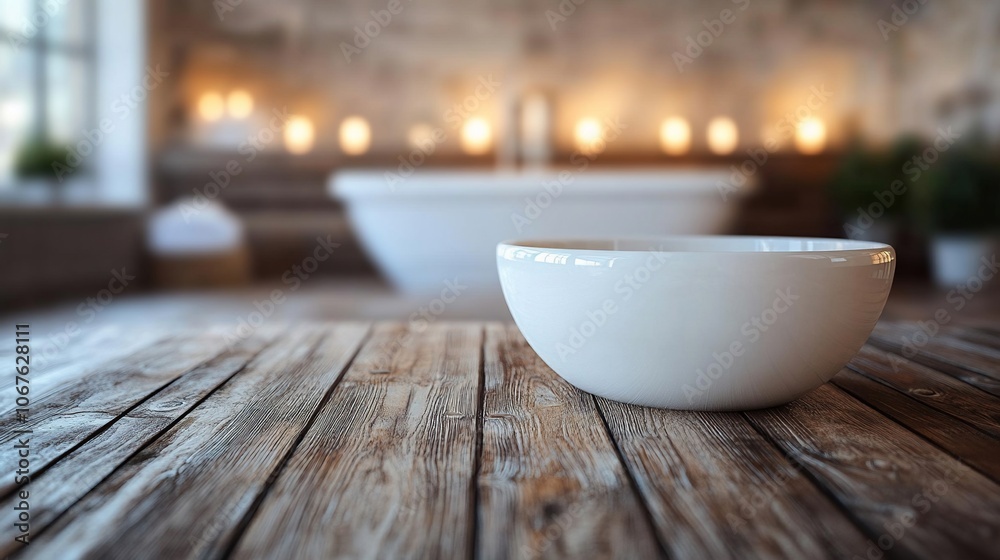 White bowl on wooden table with bathtub in background. White bowl on wooden table with bathtub in background.