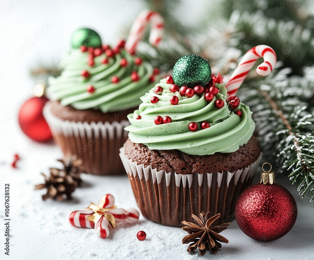 Delightful chocolate cupcakes decorated with swirls of green buttercream frosting, topped with red candy pearls, mini candy canes, and glittery Christmas ornaments. Delightful chocolate cupcakes decorated with swirls of green buttercream frosting, topped with red candy pearls, mini candy canes, and glittery Christmas ornaments.