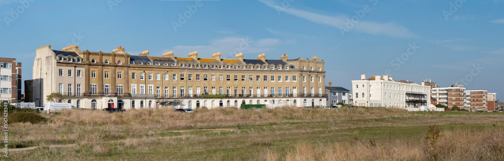 Europe, UK, England, Hampshire, Hayling Island Norfolk Crescent and Grand Hotel panorama