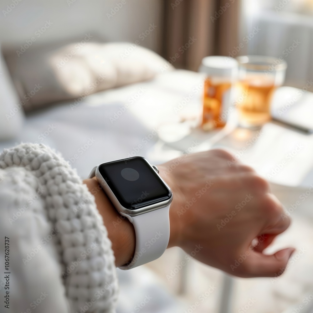 Smartwatch on Wrist. A person wearing a white smartwatch with a black face on their wrist, sitting on a bed with medicine and tea in the background.