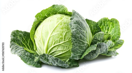 A fresh green cabbage sits elegantly against a white background, displaying its lush, tightly packed leaves and vibrant green color. This vibrant vegetable is perfect for various culinary uses