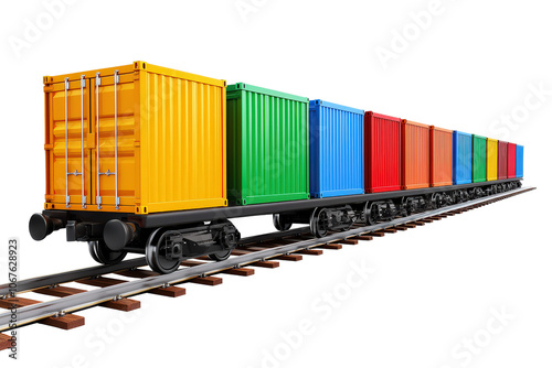 Colorful freight containers on a train vehicle, isolated on a white background. photo