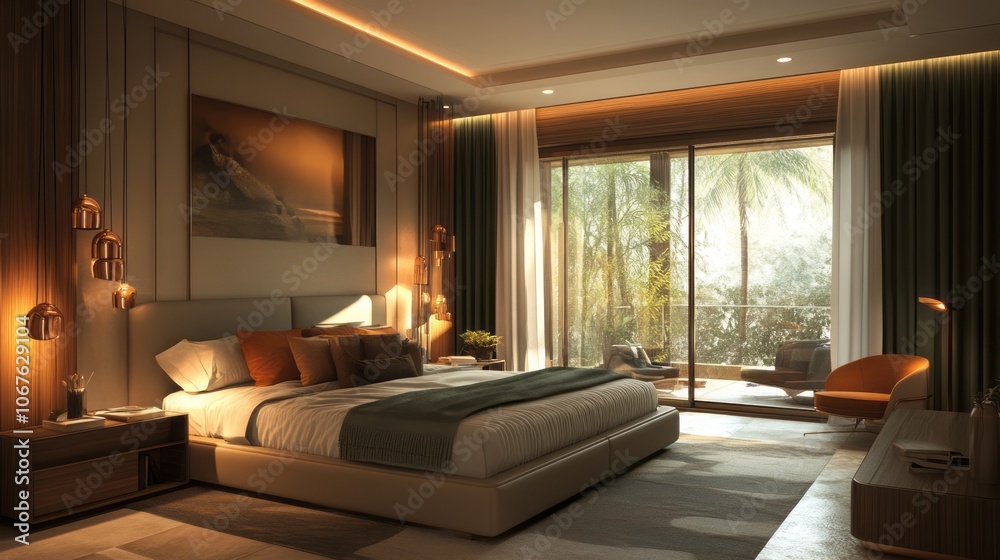 Modern Bedroom Interior with Large Window and a View of Lush Greenery Modern Bedroom Interior with Large Window and a View of Lush Greenery