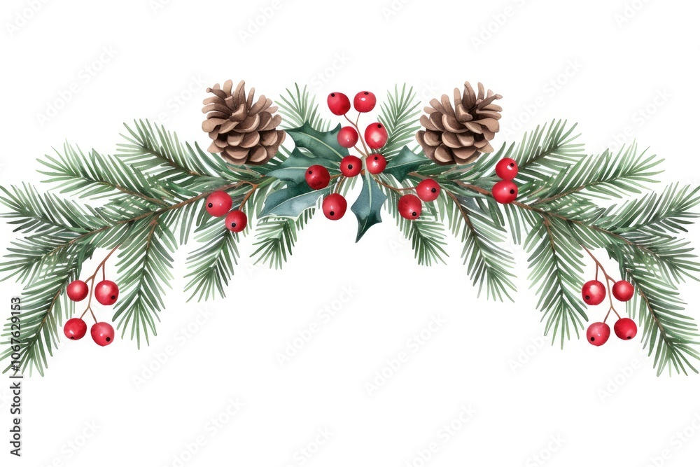 A festive arrangement of evergreen branches, pinecones, and red berries, perfect for holiday decorations. A festive arrangement of evergreen branches, pinecones, and red berries, perfect for holiday decorations.