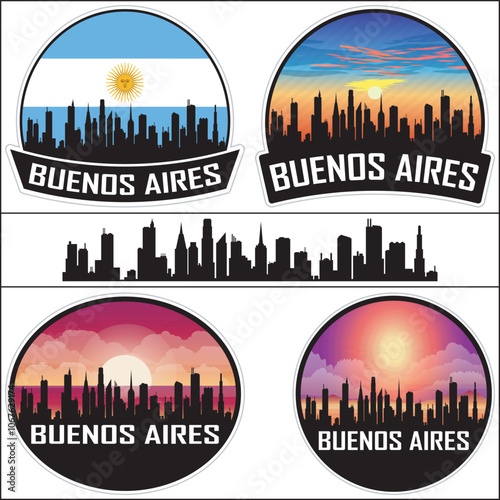 Buenos Aires Skyline Argentina Flag Cityscape Silhouette Travel Souvenir Sticker Sunset Vector