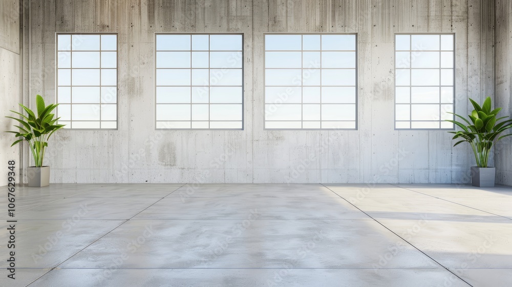Fototapeta premium A modern, minimalistic interior featuring large windows, concrete walls, and potted plants, creating a bright and airy atmosphere.