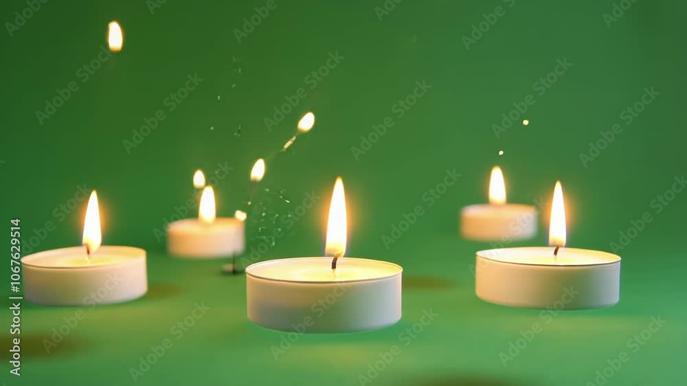 Several lit candles are floating against a green screen background, with particles floating in the air, perfect for compositing footage Several lit candles are floating against a green screen background, with particles floating in the air, perfect for compositing footage