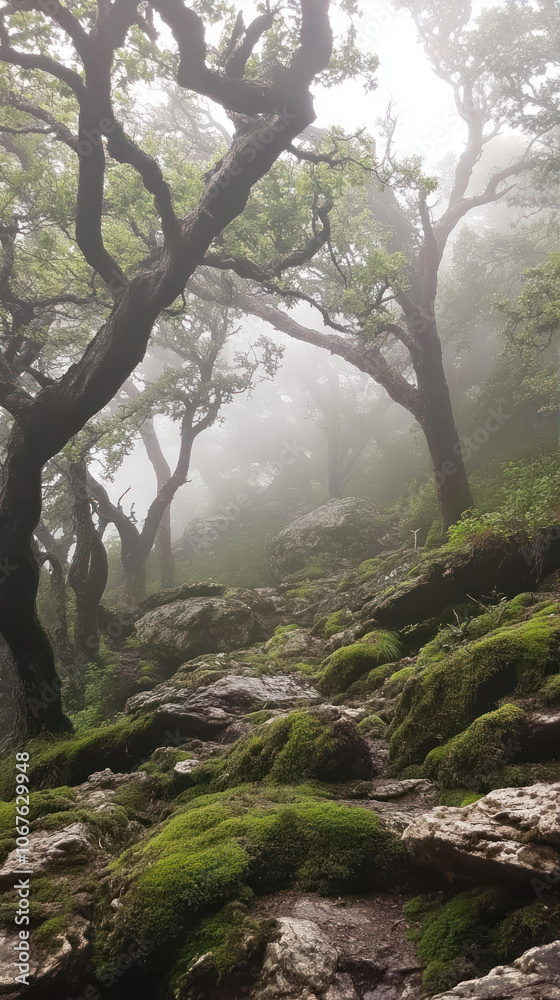 Obraz premium Exploring a Foggy Ancient Woodland With Gnarled Trees and Moss-Covered Rocks
