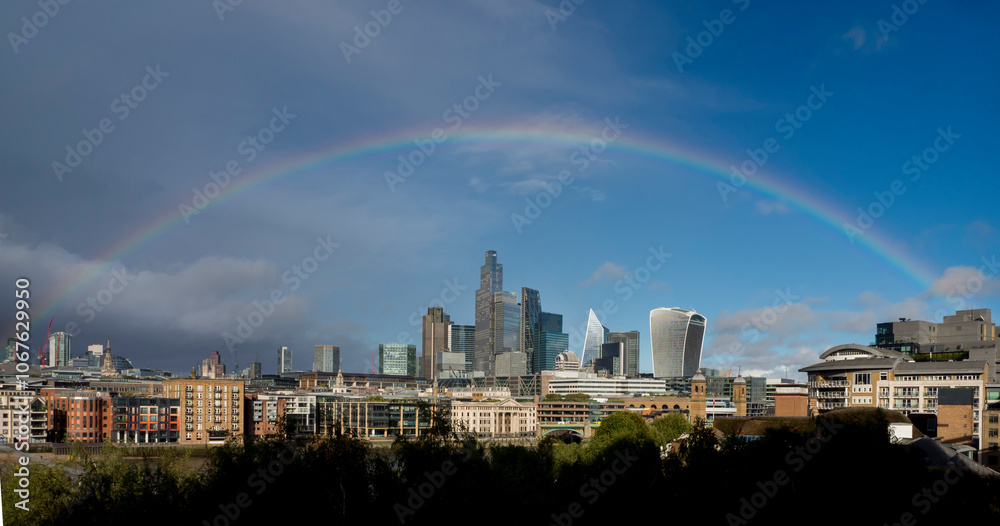 UK, England, London, City skyline from Tate rainbow
