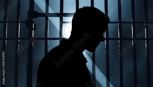 Silhouette of a male prisoner on the background of a prison cell. Conceptual background on the topic of law and order, psychology, medicine. The symbol is not freedom, totalitarianism, dictatorship 